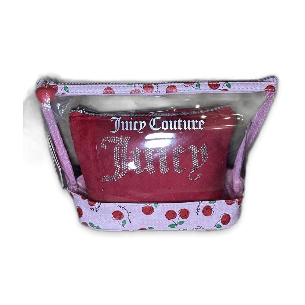 NWT Juicy Couture 2pc Travel Cosmetic Bag Set Cherry Coquette Print Rhinestone
